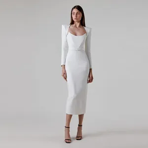 Elegant white square neck bandage midi dress with structured shoulders and long sleeves