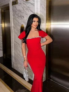 Elegant red rhinestone French bandage evening dress for formal Christmas occasions