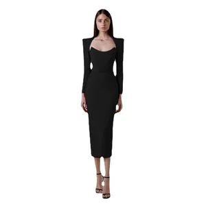 Elegant black Hepburn style bandage midi dress with square neck and horn shoulders.