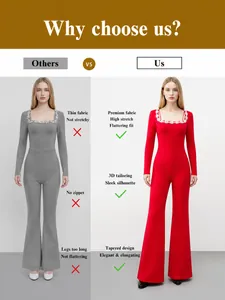 Red rhinestone square neck long sleeve flare jumpsuit with structured shoulders for women