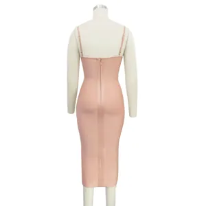 Back view of a sleek nude bandage midi dress with spaghetti straps and zipper detail.