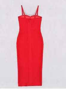 Detailed back view of a red bandage midi dress featuring spaghetti straps and back zipper.