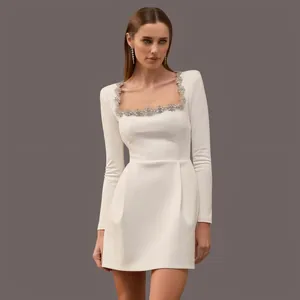 Women French Square Neck Rhinestone Bandage Dress Long Sleeve High Bodycon Elegant Autumn Winter Evening Party Mini Dress
