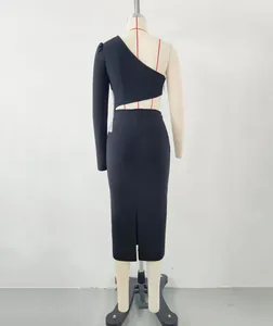 Back view of black one-shoulder bandage dress with waist cut-out and lace flower