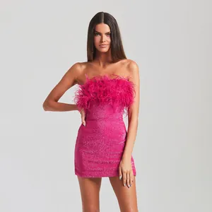 Abito da Donna Sexy Tubino Aderente con Paillettes Frange di Piume di Struzzo Schiena Scoperta Mini Abito da Festa Sopra e Sotto Elegante