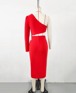 Red one-shoulder cutout bandage midi dress shown on a mannequin from the back view
