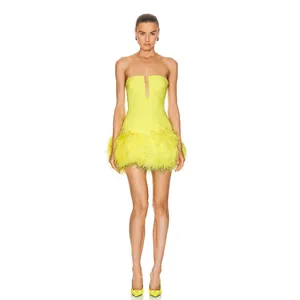 Damen Sexy Deep V Tube Top Bandage Mini Kleid Mit Straußenfeder Besatz Elegant Bodycon Party Club Kleid