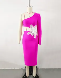 Hot pink one-shoulder bandage dress with waist cutout and sparkling floral applique