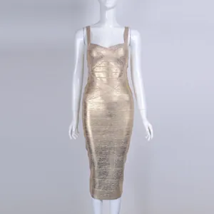Elegant gold metallic bandage bodycon dress with intricate cross-stitch design for women