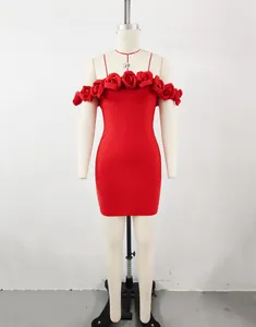 Detail view of red off-the-shoulder bandage dress with 3D rose flower decorations