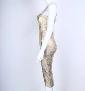 Side view of an elegant gold shimmering bandage bodycon midi dress for women chic