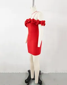 Elegant red off-the-shoulder bandage dress featuring intricate 3D rose floral details.