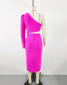 Elegant fuchsia one-shoulder bandage dress back view featuring a waist cutout.