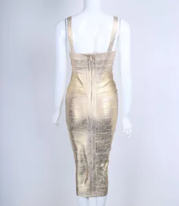 Detailed back view of a shimmering gold metallic bandage bodycon dress with zipper.