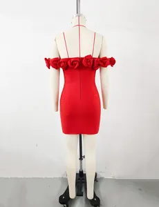 Back view of elegant red off-shoulder bandage mini dress with 3D flower detailing