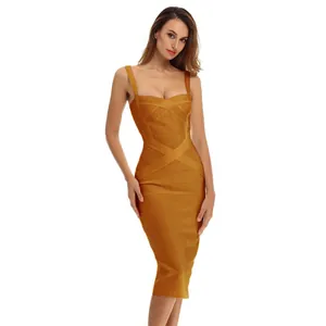 Elegant mustard yellow bandage bodycon dress featuring sophisticated crisscross strap details