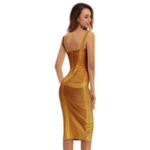 Elegant bronze gold bandage bodycon midi dress featuring a sleeveless backless design.