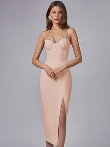 Elegant peach bandage camisole dress with rhinestone trim and side slit for banquet