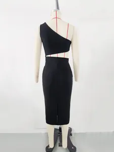 Detailed back view of a black one-shoulder bandage dress with waist cut-out detail.
