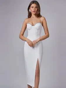 Elegant white bandage strap midi dress with luxury rhinestone detail and side thigh slit