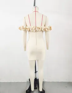 Elegant cream off-shoulder bandage mini dress with 3D rose floral accents on mannequin