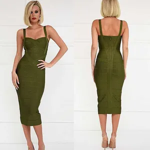 Front and back view of a dark olive green bodycon bandage midi dress on a model.