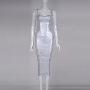 Detailed front view of a metallic silver bodycon bandage dress with sweetheart neckline