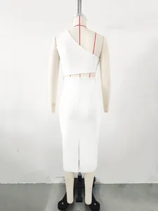 Elegant white one-shoulder bandage dress featuring a cutout waist and back slit detail