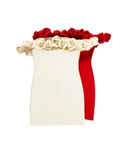 Close-up of off-the-shoulder bandage dresses with 3D rose floral necklines in red and white