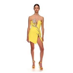 Sexy strapless yellow dress with rhinestone flower and slit detail