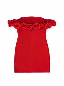 Elegant red off-shoulder bandage dress with detailed 3D flower neckline design