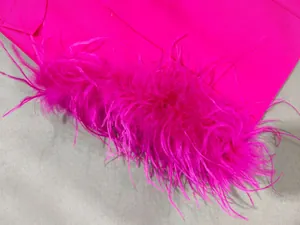 Detailaufnahme der leuchtend pinkfarbenen Straußenfeder-Verzierung an einem Abendkleid-Ärmel