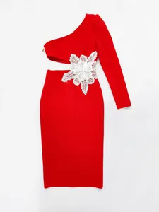 Red one-shoulder bandage dress with side cutout and white floral appliqué