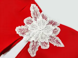 Detailed close-up showing the intricate white lace flower and sequins on a red bandage dress