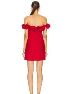 Elegant red off-the-shoulder bandage mini dress featuring exquisite 3D floral neckline detail