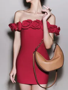 Elegant red off-shoulder bandage dress with 3D rose floral trim for women's cocktail party