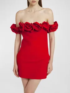 Elegant red off-the-shoulder bandage mini dress featuring exquisite 3D rose floral neckline