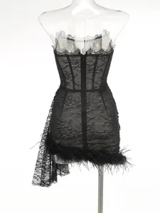 Detailed back view of a black lace corset mini dress with elegant feather trim.