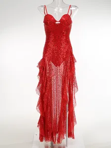 Red sequined sheer evening dress with high slit and deep V-neckline for parties
