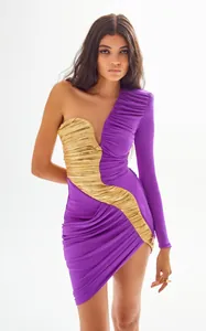 Model wearing an elegant purple and gold one-shoulder bodycon evening party dress