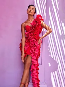 Sophisticated red one-shoulder bodycon cocktail dress with dramatic pink tiered ruffles