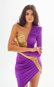 Elegant purple and gold one-shoulder ruched bodycon evening mini dress for women party