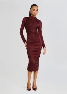 Elegant burgundy long sleeve rhinestone midi dress with sophisticated ruched detail