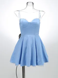Light blue spaghetti strap mini dress with lace trim and flared skirt on mannequin