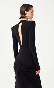 Elegant black long-sleeved fishtail evening dress featuring a unique keyhole back design detail