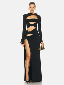 Women Sexy Long Sleeve Sheer Mesh Cutout Maxi Dress Knotted Ruched High Slit Bodycon Evening Party Clubwear Gown
