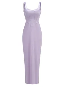 Detail view of elegant lavender satin corset maxi dress with a plunging V-neckline