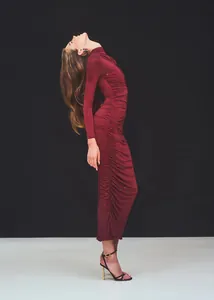 Elegant burgundy long sleeve bodycon maxi dress with sparkling rhinestone details
