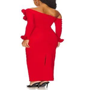 Back view of a red off-the-shoulder midi dress with 3D floral sleeve accents and a back slit.