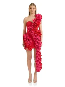 Detailed full-body view of one-shoulder dress showing tiered pink and red ruffles